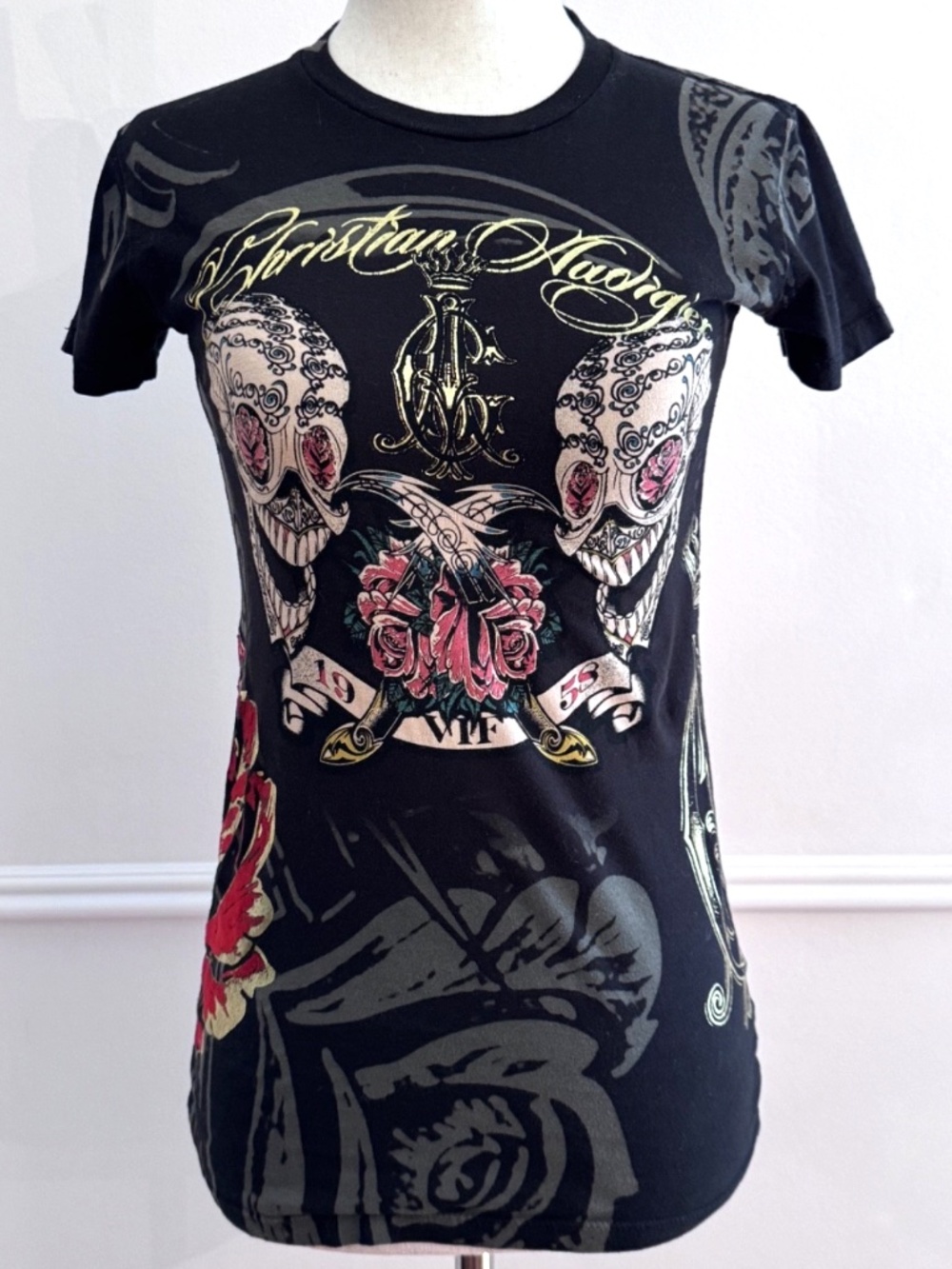 Christian Audigier Black Sugar Skull Graphic T-Shirt XS LA Tattoo Y2K